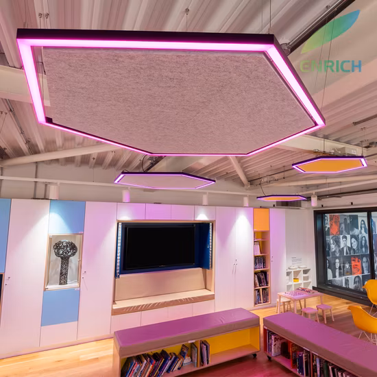 RGB Colorful Hexagonal Shape LED Linear Pendant Light with Sound Absorption Acoustic Panel
