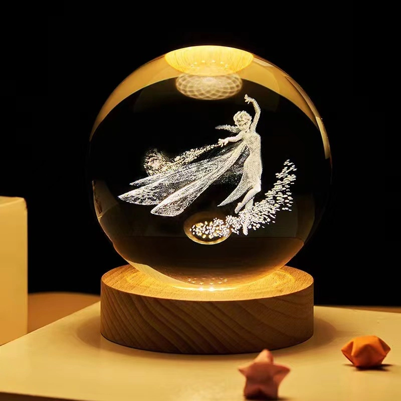3D Luminous Solar System Carved LED Crystal Ball with Removable Ball