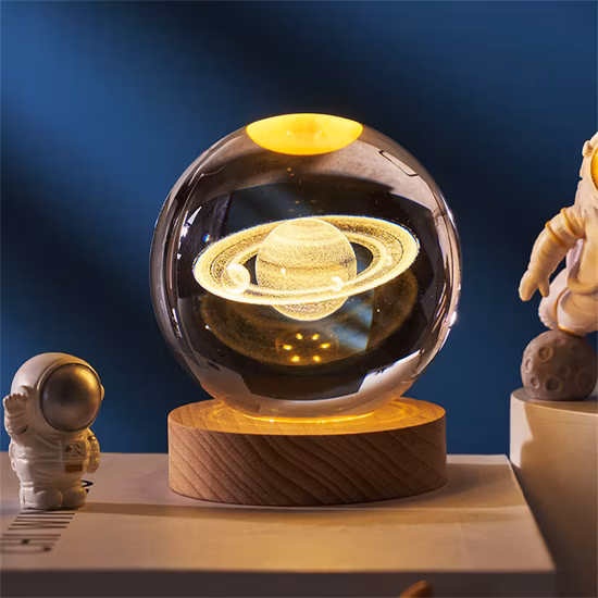 3D Luminous Solar System Carved LED Crystal Ball with Removable Ball